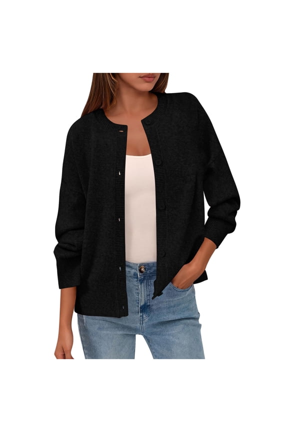 Womens Button Up Cardigan Sweaters Casual Long Sleeve Crew Neck Fall Soft Lightweight Knit Loose Sweater Tops(Black,Free Size)