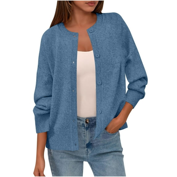 RYRJJ Womens Button Up Cardigan Sweaters Casual Long Sleeve Crew Neck Fall Soft Lightweight Knit Loose Sweater Tops(Blue,Free Size)