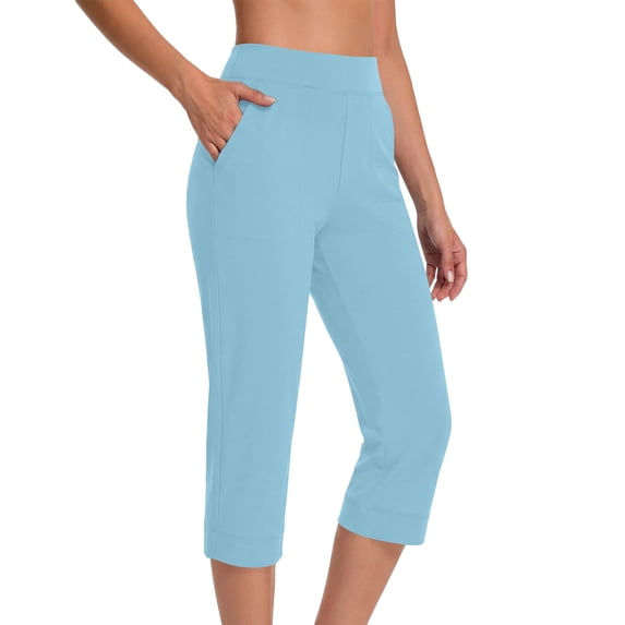 RYRJJ Womens Capri Pants High Waisted Tummy Control Straight Leg Yoga Capris Leggings with Pockets Crop Workout Summer Pants(Blue,L)