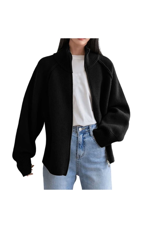 Womens Cardigan Sweaters Zip Up Long Sleeve Chunky Knitted Sweater Jacket Turtleneck Open Front Cardigans Outwear(Black,Free Size)