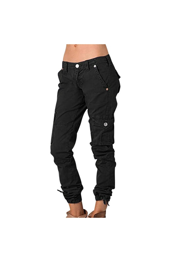 Womens Cargo Pants Multi-Pockets Casual Combat Military Plus Size Work Pants Lightweight Outdoor High Waist Trousers with Drawstring Ankle Cuffs(Black,M)