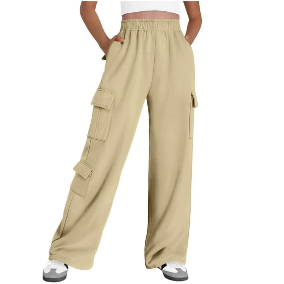 RYRJJ Womens Cargo Sweatpants Baggy Fleece High Waisted Wide Leg Joggers Sweat Pants Lounge Athletic Pants with Pockets(Beige,S)