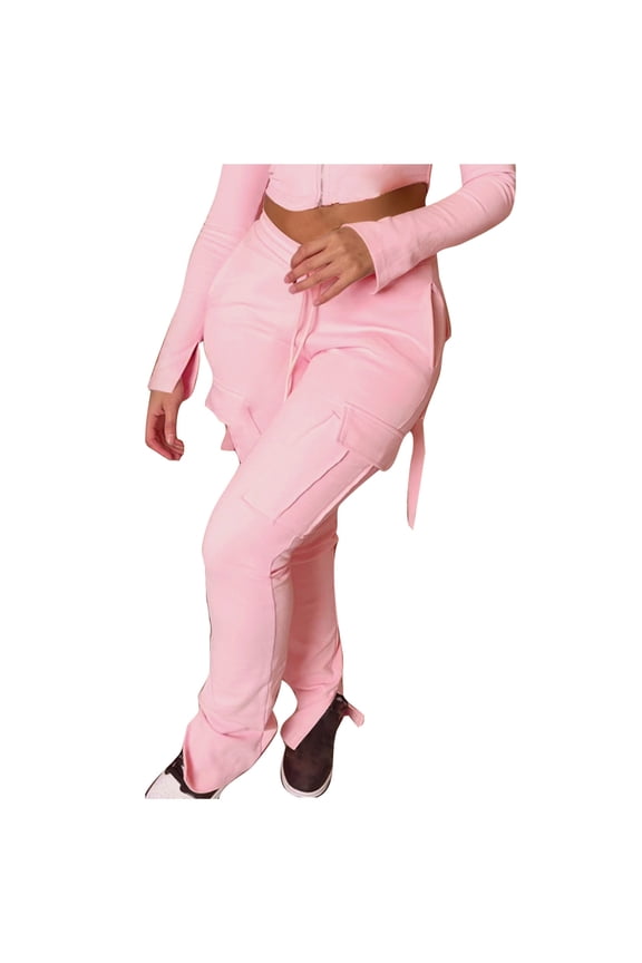 Womens Cargo Sweatpants Flare Leggings Y2K Drawstring Elastic Waist Slit Hem Bell Bottom Casual Stacked Pants with Multi Pockets(Pink,L)