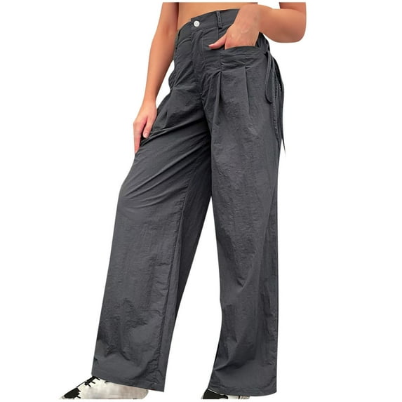 RYRJJ Womens Casual Cargo Trousers Baggy Hiking Parachute Pants Streetwear Mid Waist Tactical Pants with Multi-Pockets(Gray,XS)