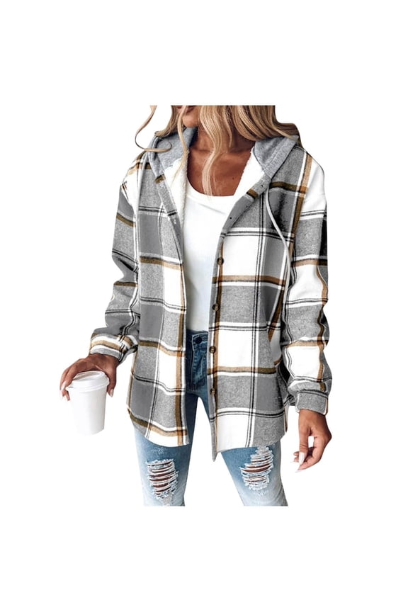 Womens Casual Flannel Jacket Plaid Long Sleeve Button Down Shacket Fleece Lined Hooded Jackets Warm Coat with Chest Pocket(Gray,XXL)