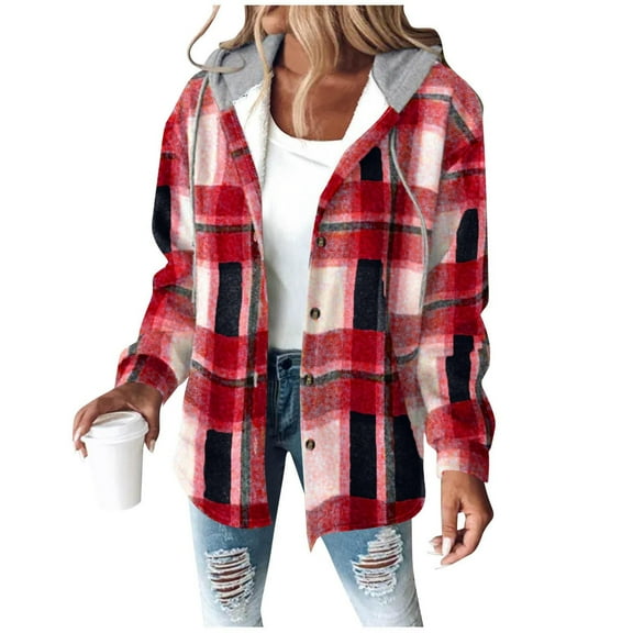 RYRJJ Womens Casual Flannel Jacket Plaid Long Sleeve Button Down Shacket Fleece Lined Hooded Jackets Warm Coat with Chest Pocket(Red,S)