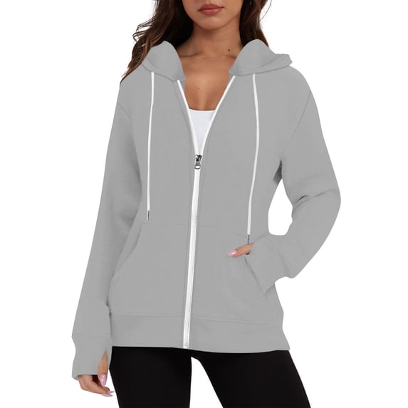 RYRJJ Womens Casual Full Zip Up Hoodie Comfy Loose Long Sleeve Sweatshirt Outwear Solid Color Hooded Jacket with Pockets(Gray,S)