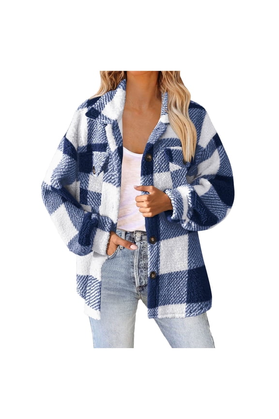 Womens Casual Jacket Plaid Button Down Long Sleeve Fuzzy Sherpa Fleece Shacket Fall Winter Coats Outerwear with Pockets(Blue,S)