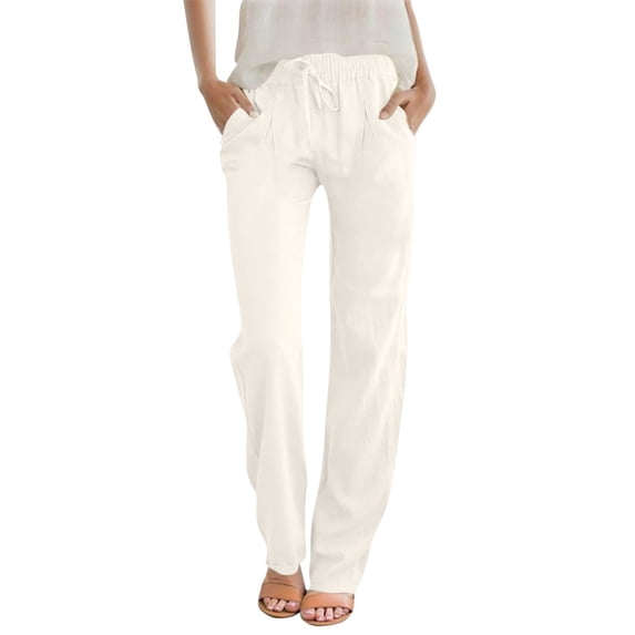 RYRJJ Womens Casual Linen High Waist Pants Drawstring Loose Fit Summer Pants Straight Wide Leg Beach Lounge Trousers with Pockets(White,S)