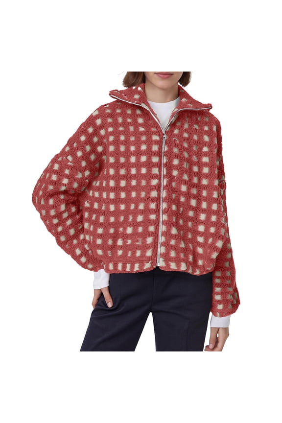 Womens Checkered Sherpa Jacket Cropped Long Sleeve Stand Collar Plaid Fleece Coats Warm Casual Zip Up Outwear with Pockets(Watermelon Red,S)