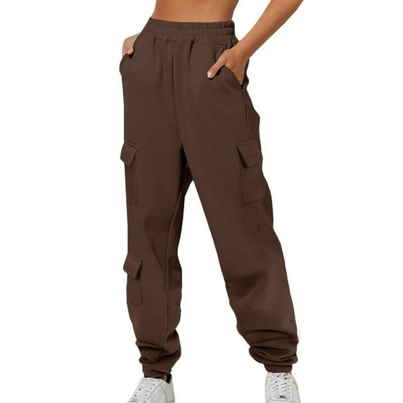 RYRJJ Womens Cinch Bottom Sweatpants Cargo Joggers Baggy Sweat Fall Pants Athletic Cotton Fleece Lined Casual Pants with Pockets(Brown,M)