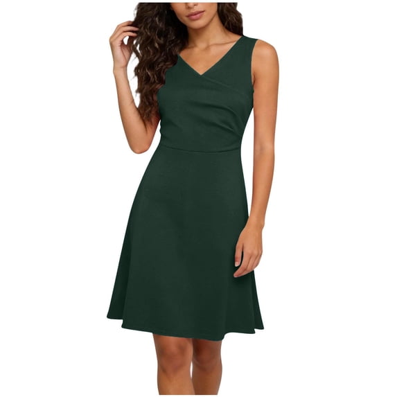 RYRJJ Womens Cocktail Dresses A-Line Flowy Mini Dress Elegant Summer Ruched V Neck Party Sleeveless Business Work Dresses(Green,S)
