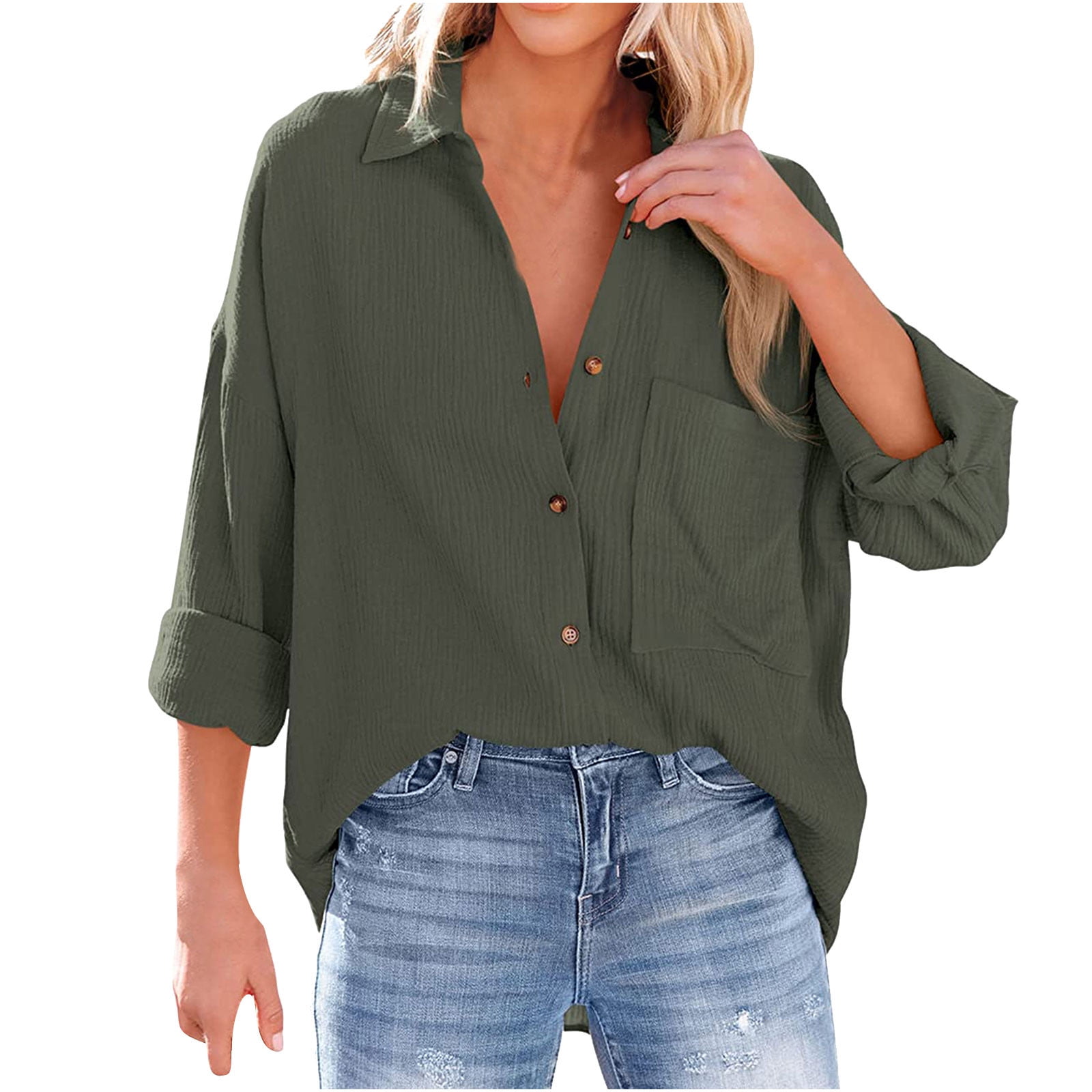 RYRJJ Womens Cotton Button Down Shirt Oversized Casual Long Sleeve Loose  Fit Collared Linen Work Blouse Tops with Pocket(Army Green,M)