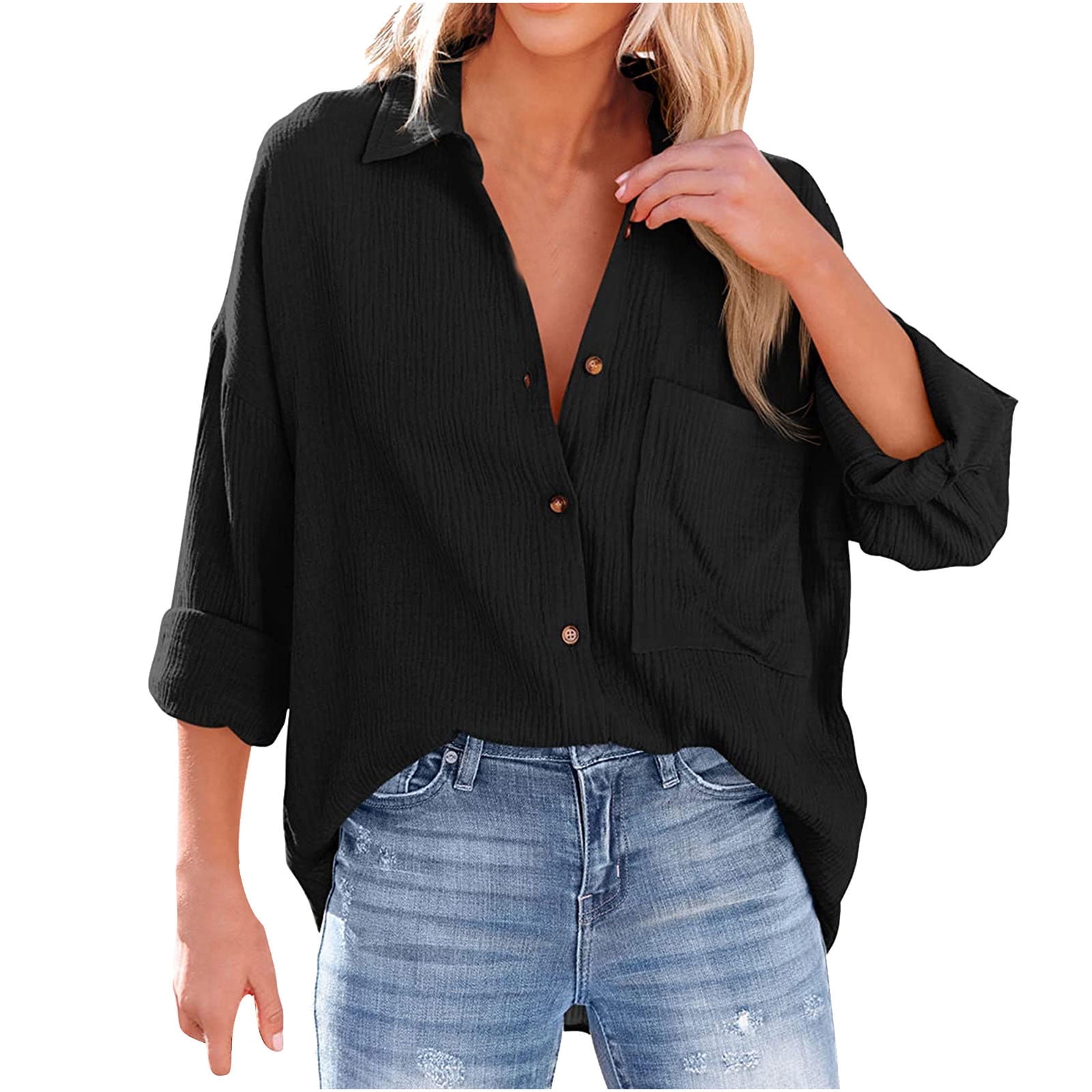 RYRJJ Womens Cotton Button Down Shirt Oversized Casual Long Sleeve Loose  Fit Collared Linen Work Blouse Tops with Pocket(Black,L) 