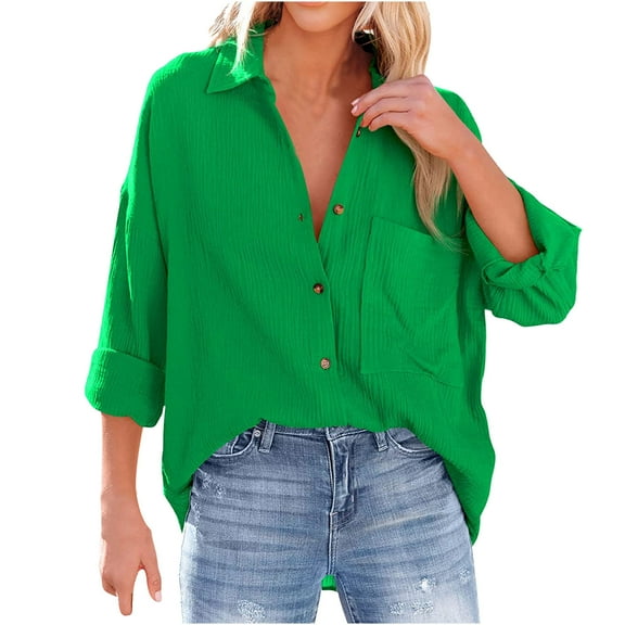 RYRJJ Womens Cotton Button Down Shirt Oversized Casual Long Sleeve Loose Fit Collared Linen Work Blouse Tops with Pocket(Green,M)