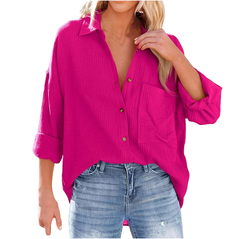 RYRJJ Womens Cotton Button Down Shirt Oversized Casual Long Sleeve Loose  Fit Collared Linen Work Blouse Tops with Pocket(Hot Pink,L)