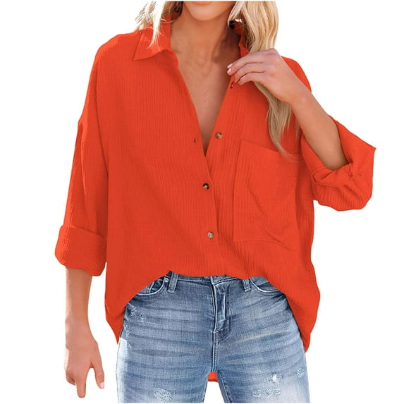 RYRJJ Womens Cotton Button Down Shirt Oversized Casual Long Sleeve Loose Fit Collared Linen Work Blouse Tops with Pocket(Orange,S)