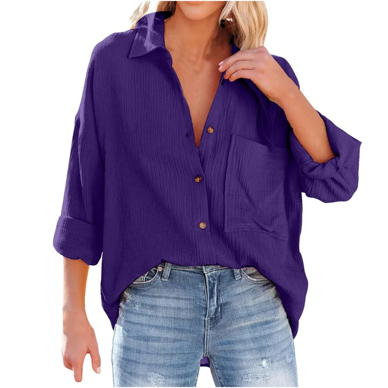 RYRJJ Womens Cotton Button Down Shirt Oversized Casual Long Sleeve Loose  Fit Collared Linen Work Blouse Tops with Pocket(Purple,S) 