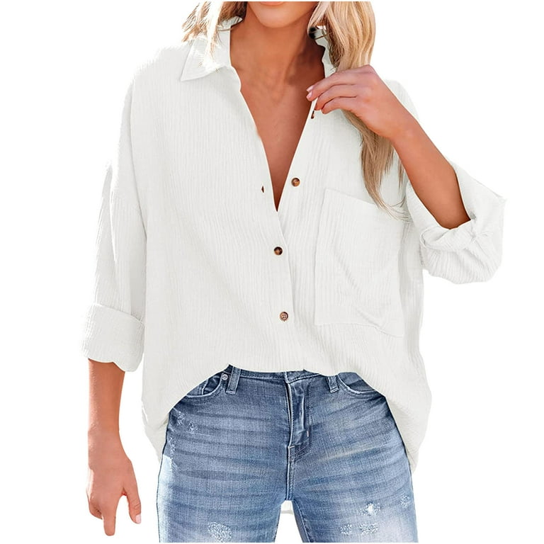 RYRJJ Womens Cotton Button Down Shirt Oversized Casual Long Sleeve Loose  Fit Collared Linen Work Blouse Tops with Pocket(White,M) 