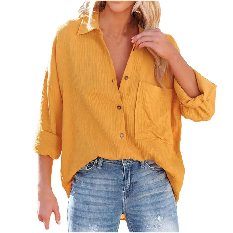 RYRJJ Womens Cotton Button Down Shirt Oversized Casual Long Sleeve Loose  Fit Collared Linen Work Blouse Tops with Pocket(Yellow,M) 
