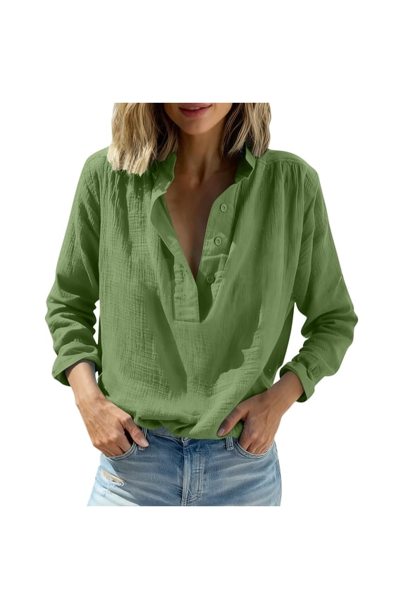 Womens Cotton Linen Button Down Shirts Loose Fit Long Sleeve Collared Blouse Casual V Neck Tunic Tops(Army Green,S)