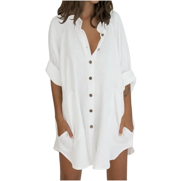 RYRJJ Womens Cotton Linen Button Down Shirts with Pockets Roll-Up Long Sleeve Blouses Loose Fit Oversized V Neck Collared Casual Tops(White,S)