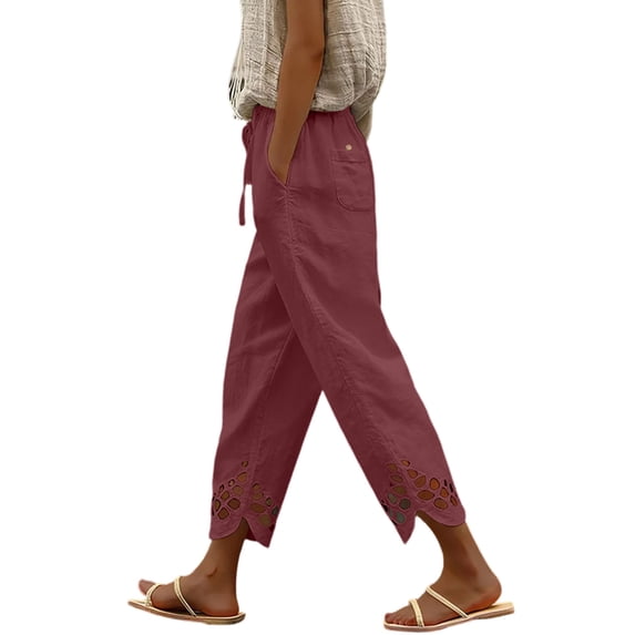 RYRJJ Womens Cotton Linen Capri Pants Drawstring Summer High Waist Comfy Slacks Lightweight Casual Loose Cropped Trousers with Pockets(Wine,XXL)