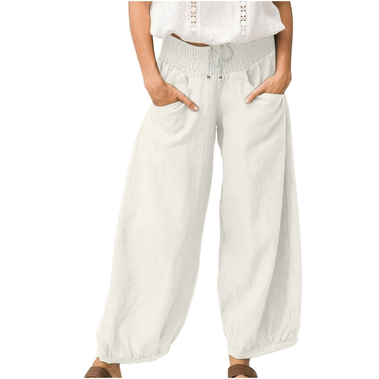 RYRJJ Womens Cotton Linen Harem Pants Smocked High Waist
