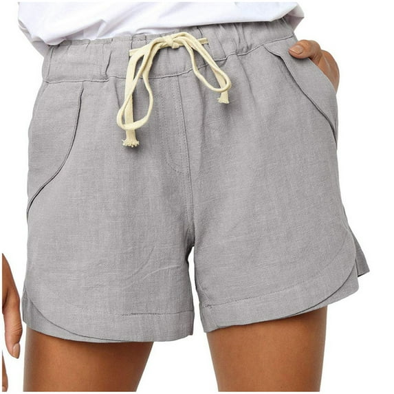 RYRJJ Womens Cotton Linen Lightweight Shorts Casual Baggy Trendy Short Pants Elastic Waist Drawstring Comfy Pocket Shorts(Gray,S)