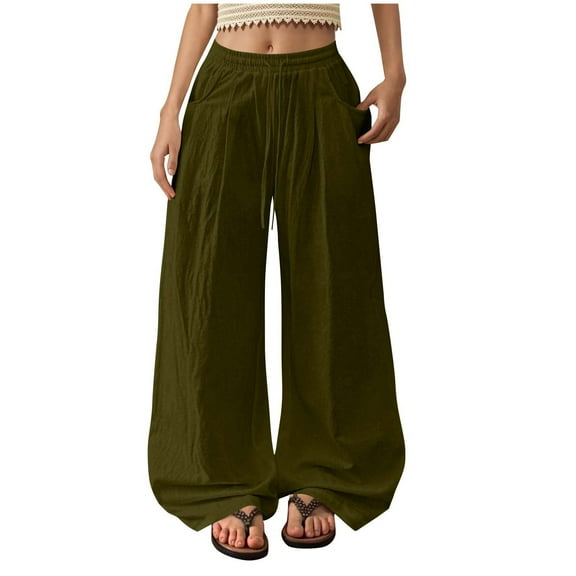 RYRJJ Womens Cotton Linen Palazzo Pants Drawstring Elastic Waist Casual Wide Leg Trousers Summer Boho Beach Lounge Pant with Pockets(Army Green;L)