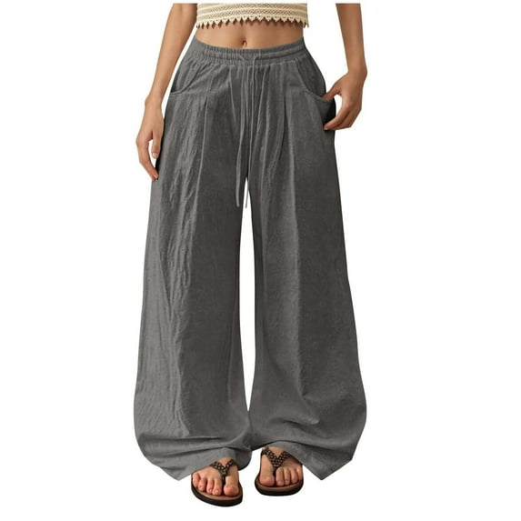 RYRJJ Womens Cotton Linen Palazzo Pants Drawstring Elastic Waist Casual Wide Leg Trousers Summer Boho Beach Lounge Pant with Pockets(Gray;M)