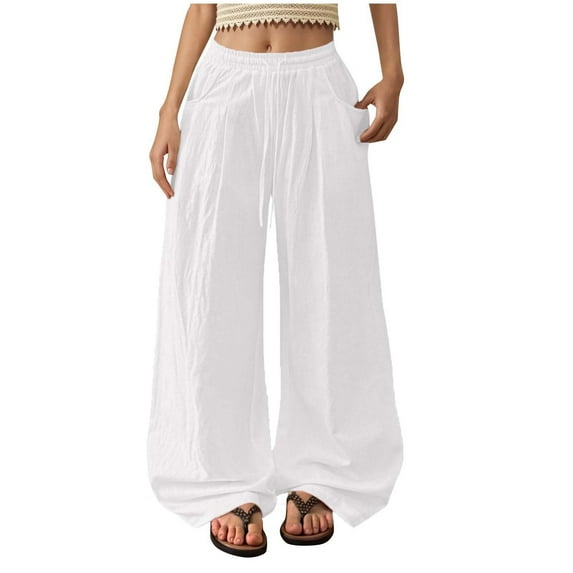 RYRJJ Womens Cotton Linen Palazzo Pants Drawstring Elastic Waist Casual Wide Leg Trousers Summer Boho Beach Lounge Pant with Pockets(White;L)