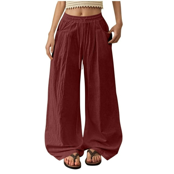 RYRJJ Womens Cotton Linen Palazzo Pants Drawstring Elastic Waist Casual Wide Leg Trousers Summer Boho Beach Lounge Pant with Pockets(Wine;XL)