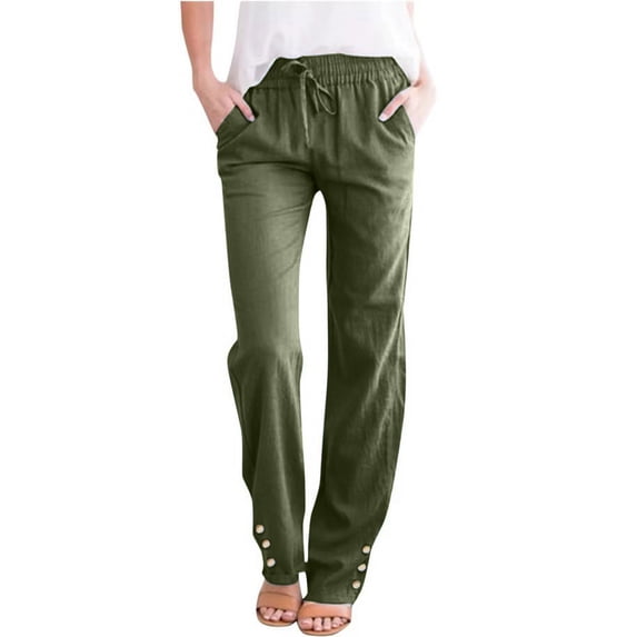 RYRJJ Womens Cotton Linen Pants Straight Leg Drawstring Elastic High Waist Loose Comfy Trousers Casual Summer Long Pants with Pockets(Army Green,XL)