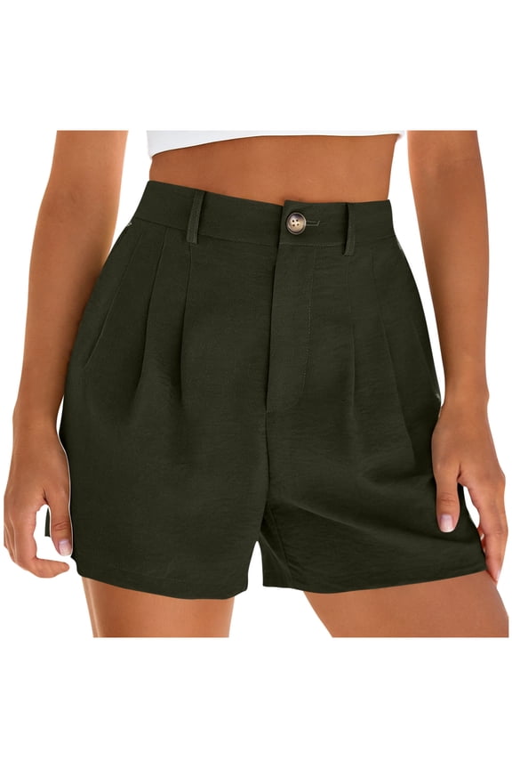 Womens Cotton Linen Shorts Dressy Casual Summer High Waist Zipper Button Shorts Pleated Beach Vacation Shorts with Pockets(Army Green,S)