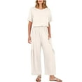 thumbnail image 1 of RYRJJ Womens Cotton Linen Summer Jumpsuits Dressy Casual One Piece Outfits Short Sleeve Crewneck Wide Leg Long Pants Rompers with Pockets(Beige,S), 1 of 8
