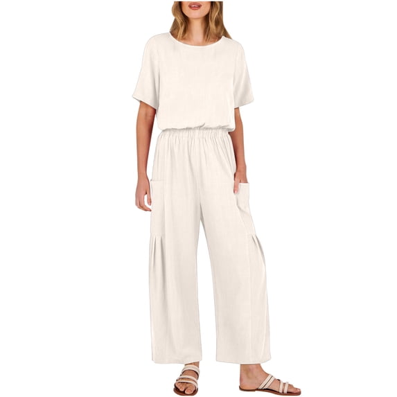 RYRJJ Womens Cotton Linen Summer Jumpsuits Dressy Casual One Piece Outfits Short Sleeve Crewneck Wide Leg Long Pants Rompers with Pockets(Beige,S)