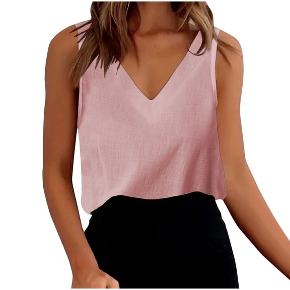 RYRJJ Womens Cotton Linen Tank Tops V Neck Casual Cami Sleeveless Blouses Summer Basic Tank Shirt(Pink,S)
