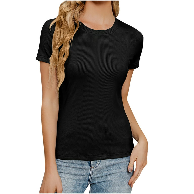 RYRJJ Womens Crewneck Short Sleeve Ribbed T-Shirt Slim Fit Tops Solid Basic  Tee(Black,M)