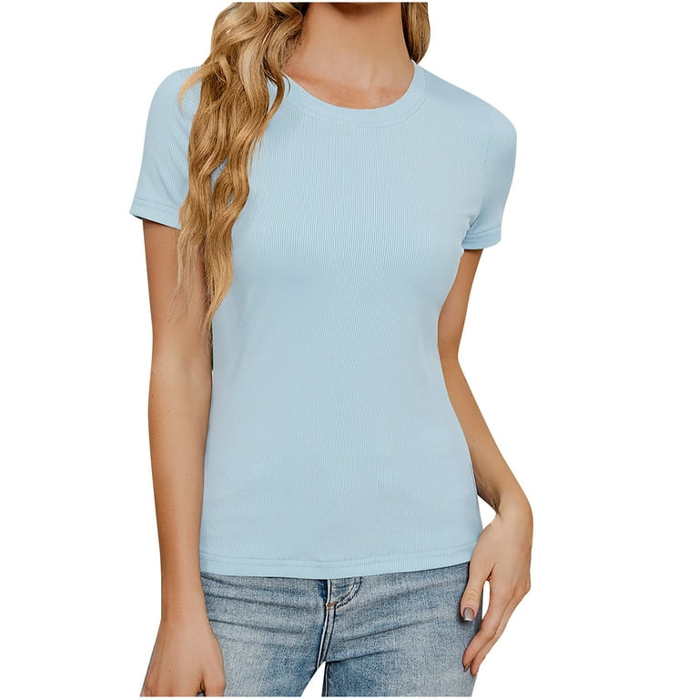 RYRJJ Womens Crewneck Short Sleeve Ribbed T-Shirt Slim Fit Tops Solid Basic  Tee(Sky Blue,L)