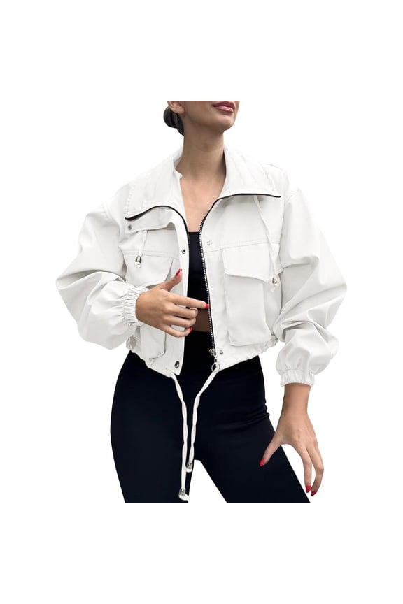 Womens Cropped Bomber Jacket Trendy Zip Up Lightweight Oversized Anorak Coat Fall Casual Outwear with Pockets(White,M)