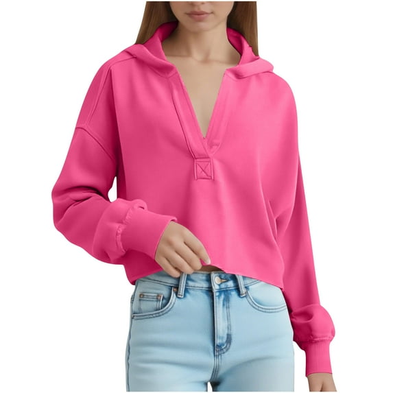 RYRJJ Womens Cropped Pullover Oversized Hoodie Long Sleeve Loose Fit V-Neck Y2K Fashion Hooded Sweatshirts(Hot Pink,XL)