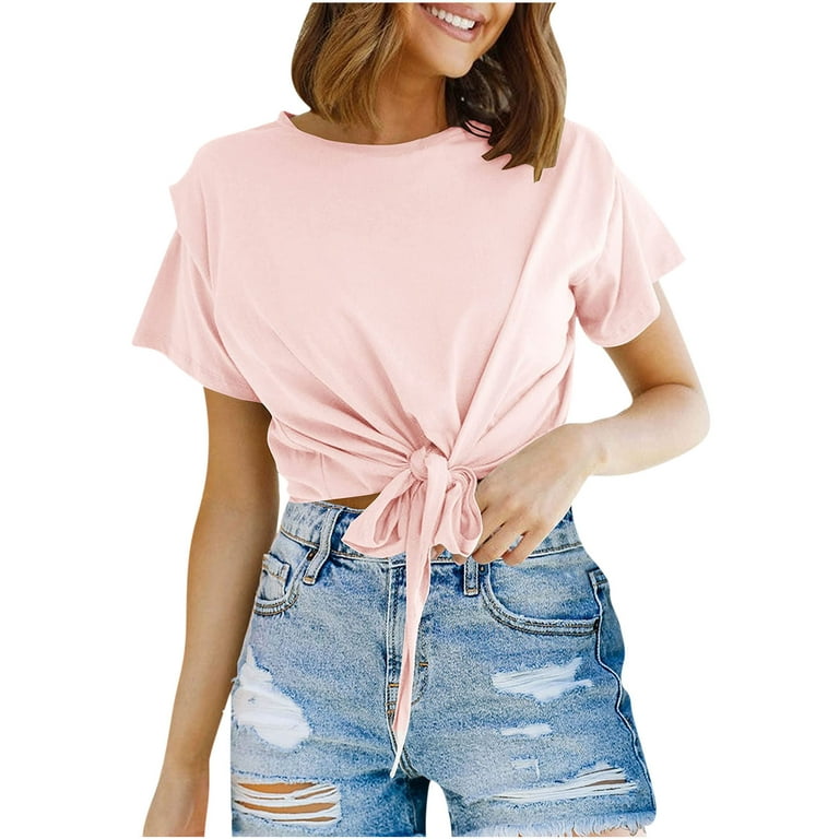RYRJJ Womens Cropped T Shirts Casual Short Sleeve Tie Front Tops Crew Neck  Summer Solid Crop Top T-Shirt(Pink,M)