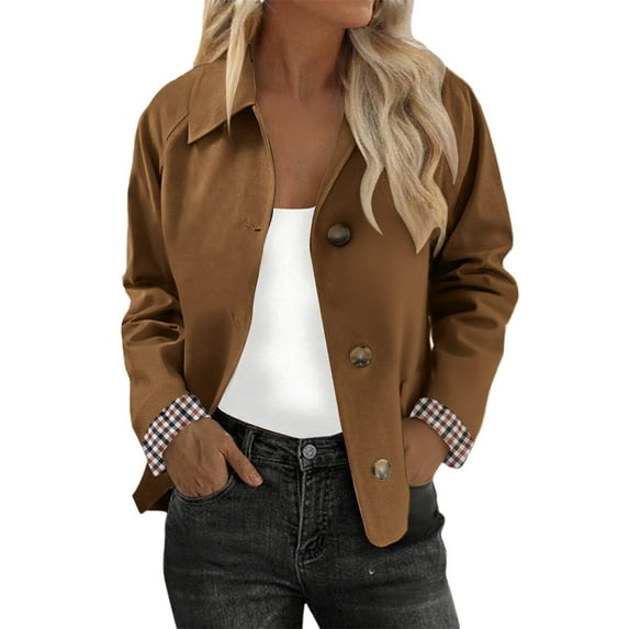 RYRJJ Womens Cropped Trench Coat Lightweight Lapel Single Breasted Jacket Fall Windbreaker Fashion Outerwear with Plaid Lining(Brown,XXL)