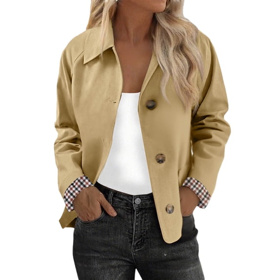 RYRJJ Womens Cropped Trench Coat Lightweight Lapel Single Breasted Jacket Fall Windbreaker Fashion Outerwear with Plaid Lining(Khaki,L)