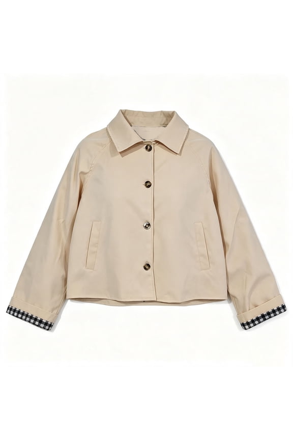 Womens Cropped Trench Coat Lightweight Lapel Single Breasted Jacket Fall Windbreaker Fashion Outerwear with Plaid Lining