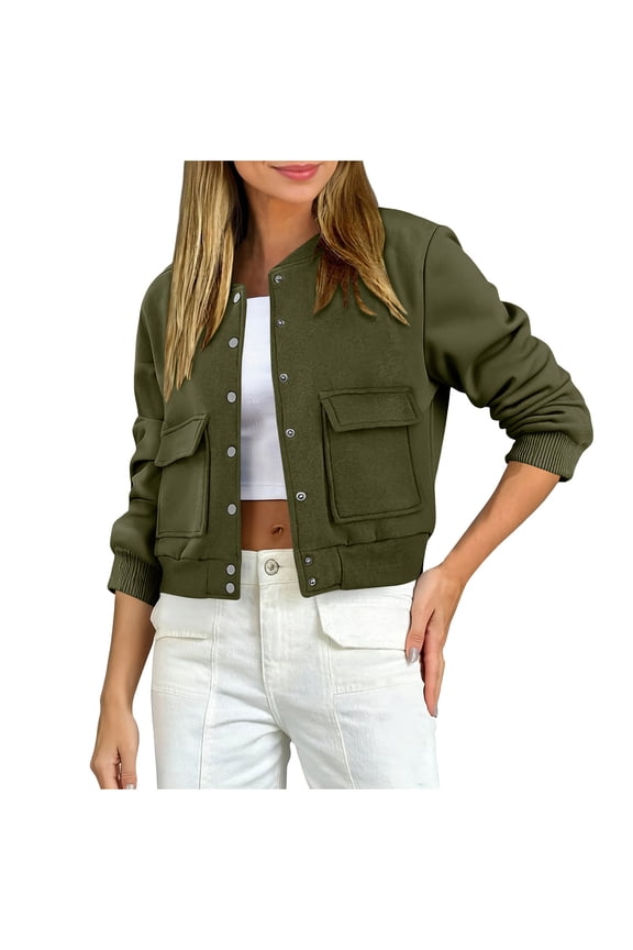 Womens Cropped Varsity Bomber Jacket Fall Winter Long Sleeve Stand Collar Shacket with Side Pocket Lightweight Coat(Army Green,XL)