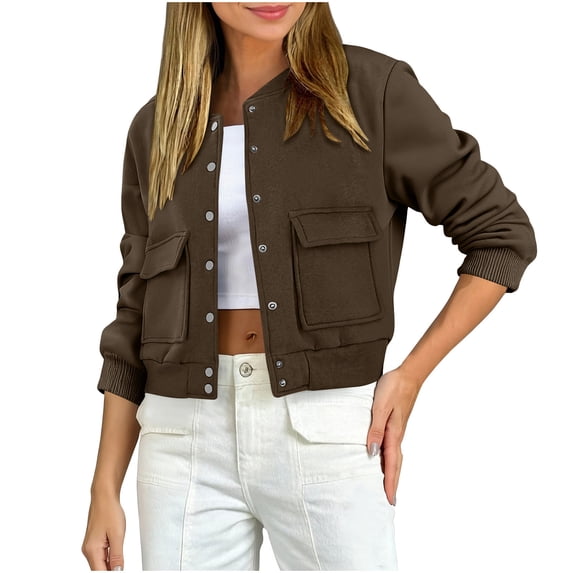 RYRJJ Womens Cropped Varsity Bomber Jacket Fall Winter Long Sleeve Stand Collar Shacket with Side Pocket Lightweight Coat(Brown,S)