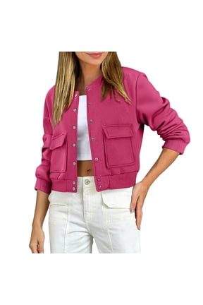 Womens Cropped Varsity Bomber Jacket Fall Winter Long Sleeve Stand Collar Shacket with Side Pocket Lightweight Coat(Hot Pink,M)