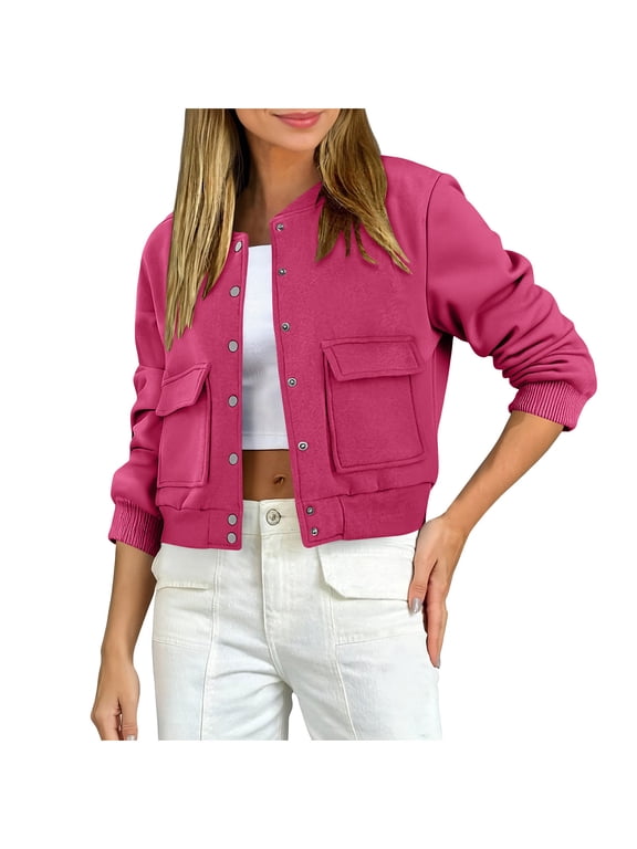 Womens Cropped Varsity Bomber Jacket Fall Winter Long Sleeve Stand Collar Shacket with Side Pocket Lightweight Coat(Hot Pink,M)